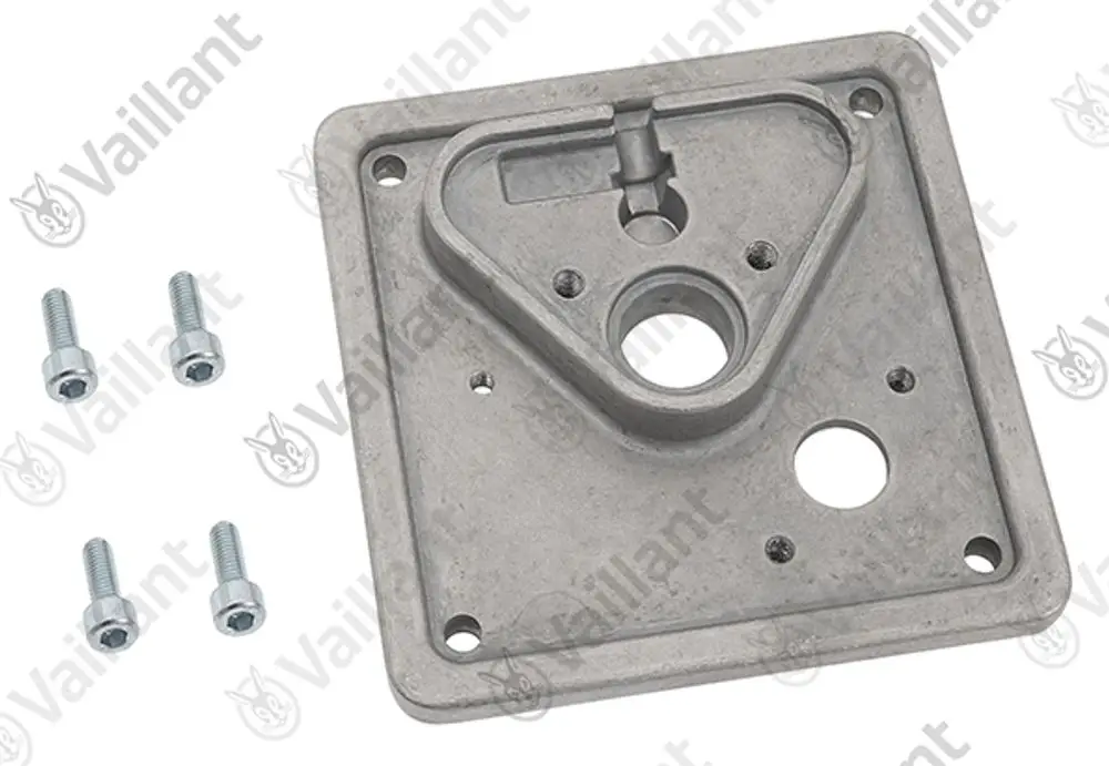Metallische Abdeckung mit mehreren Ausschnitten und Bohrlöchern, inklusive Schrauben, von der Marke Vaillant.